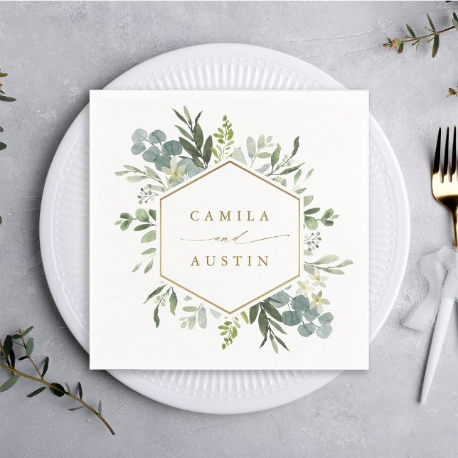 Serviette En Papier Aquarelle Verdure or Script Hexagon Mariage (Créateur téléchargé)