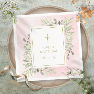 Serviette En Papier Aquarelle Verdure Rose Baptême Christening