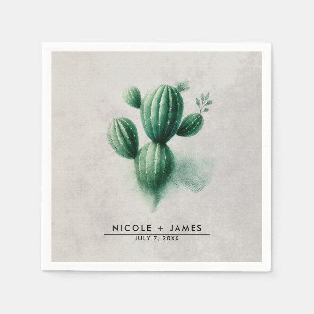 Serviette En Papier Aquarelle Vert Cactus Mariage sud-ouest (Devant)
