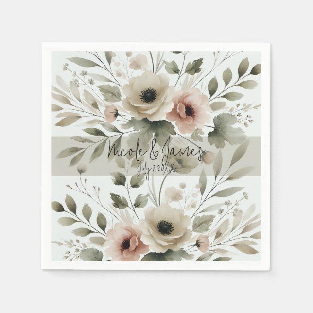 Serviette En Papier Aquarelle vert d'olive kaki Mariage de fleurs (Devant)