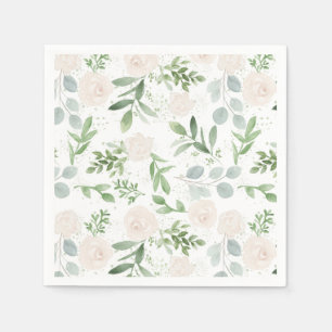 Serviette En Papier Aquarelle vert et fleurs blanches Motif
