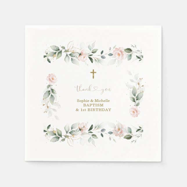 Serviette En Papier Aquarelle Vert rose Floral Or Baptême (Devant)