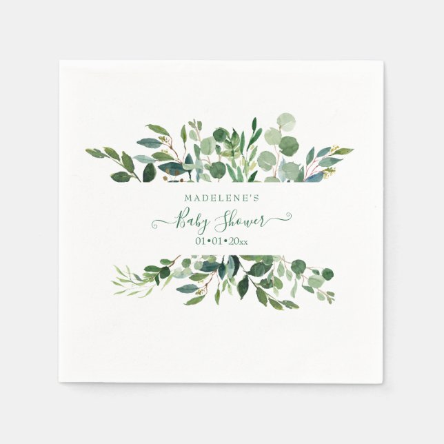 Serviette En Papier Aquarelle verte, Baby shower rustique Eucalyptus (Devant)