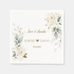 Serviette En Papier Aquarelle verte Blanc Floral Mariage or