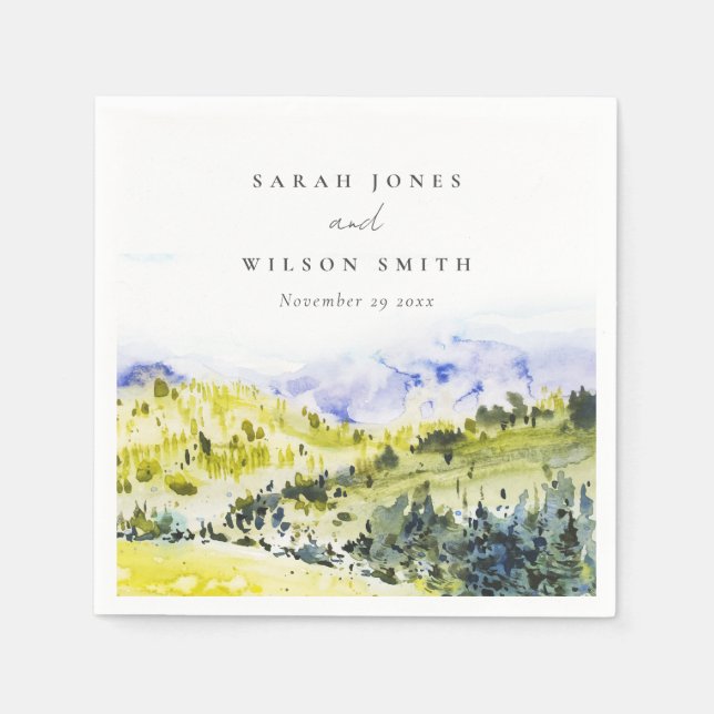 Serviette En Papier Aquarelle verte Jaune Campagne Hills Mariage (Devant)