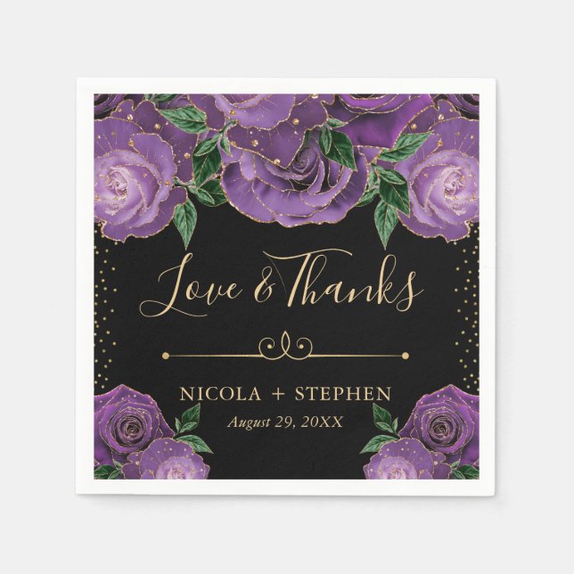 Serviette En Papier Aquarelle violet et or glam Rose Mariage (Devant)