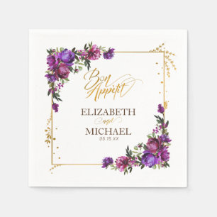 Serviette En Papier Aquarelle violet rose chaud or Mariage Floral