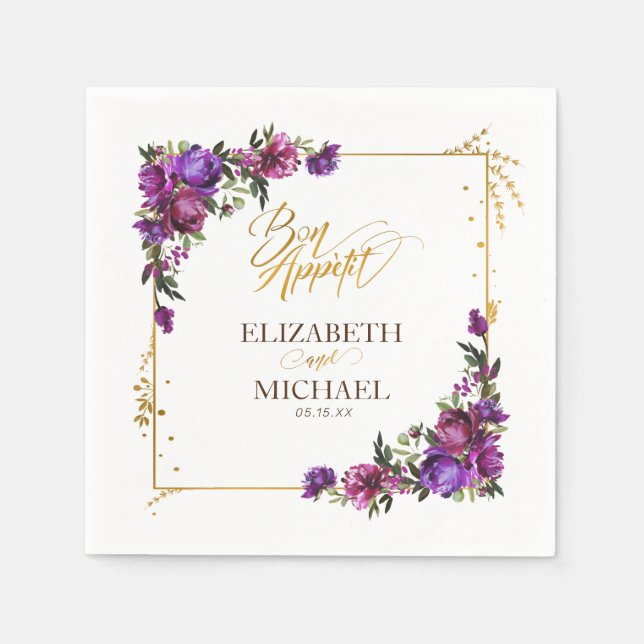 Serviette En Papier Aquarelle violet rose chaud or Mariage Floral (Devant)