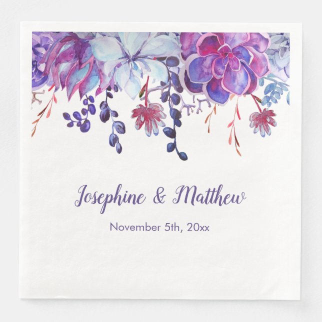 Serviette En Papier Aquarelle violet Succulents Mariage serviettes (Devant)