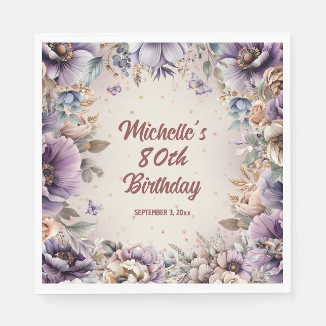 Serviette En Papier Aquarelle violette Floral 80e anniversaire (Devant)