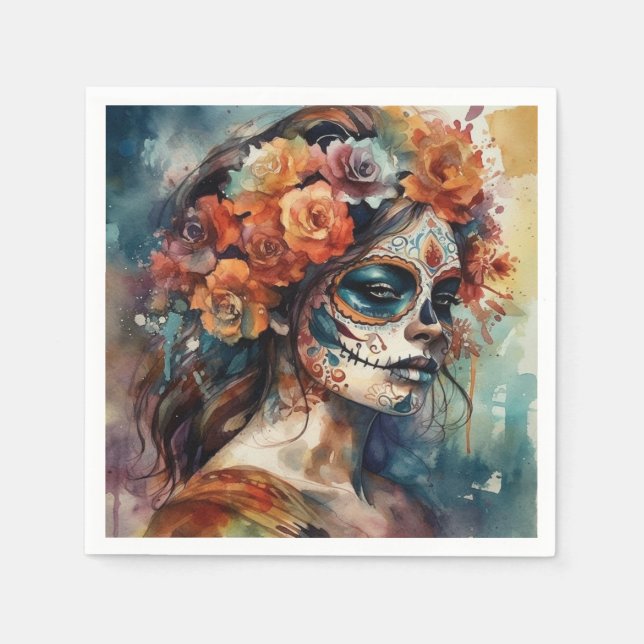 Serviette En Papier Aquarelle vive Dia de los Muertos Catrina (Devant)