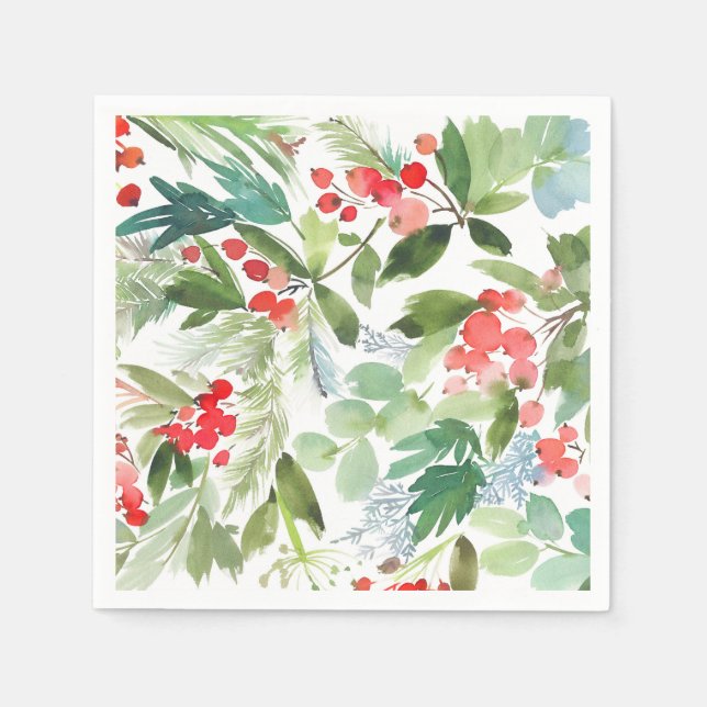 Serviette En Papier Aquarelle Winterberry Holly Noël Motif (Devant)