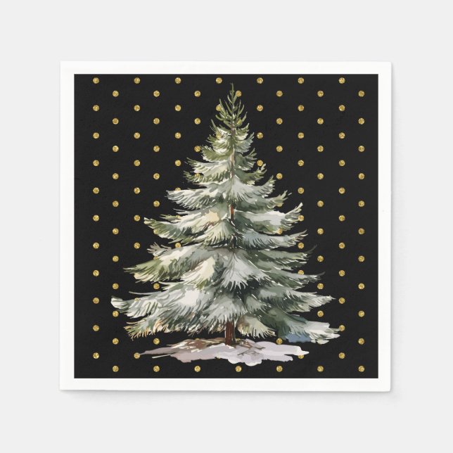 Serviette En Papier Arbre à pin d'aquarelle Pois noir et or (Devant)