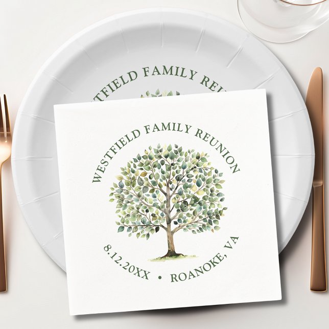 Serviette En Papier Arbre d'aquarelle en bois de la Réunion familiale (Family Reunion Woodland Watercolor Tree Paper Napkin)