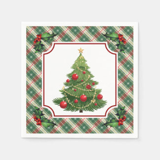 Serviette En Papier Arbre de Noël à carreaux avec houx