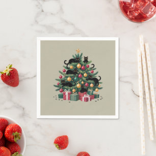 Serviette En Papier Arbre de Noël Chats Noirs Amoureux des Chats Lumiè