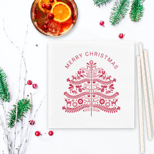 Serviette En Papier Arbre de Noël d'art populaire scandinave rouge