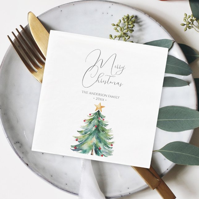 Serviette En Papier Arbre de Noël en aquarelle simple Joyeux Noël (Créateur téléchargé)