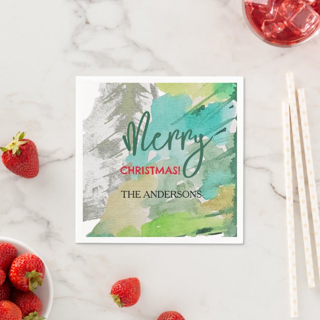 Serviette En Papier Arbre de Noël moderne personnalisé Aquarelle Art (En situation)