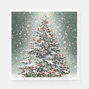 Serviette En Papier Arbre de Noël vert Ornements colorés Neige blanche