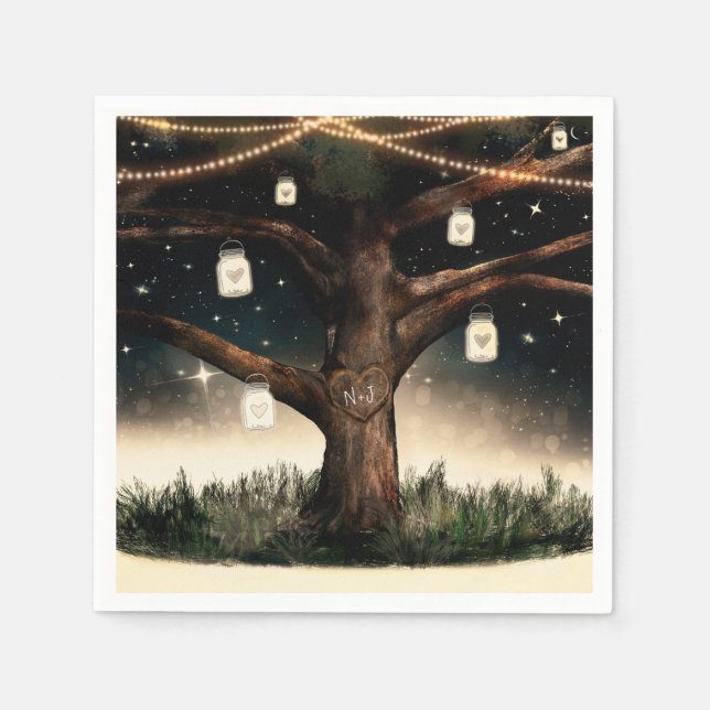 Serviette En Papier Arbre de nuit rustique avec lumières et mâchoires  (Devant)