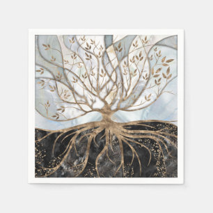 Serviette En Papier Arbre de vie - Perle, or et marbre noir