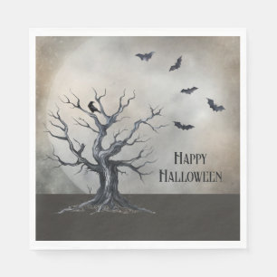 Serviette En Papier Arbre d'Halloween éffrayant avec corbeau et chauve