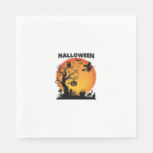 Serviette En Papier Arbre effrayant Halloween Sorcière volante Lune or