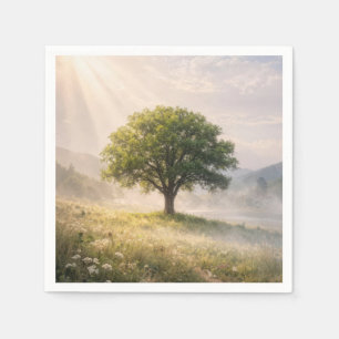 Serviette En Papier Arbre vert solitaire dans la brume avec rayons de