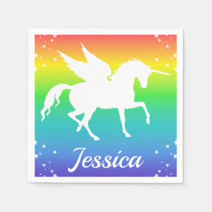 Serviette En Papier Arc-en-ciel et silhouette unicorne avec étoiles