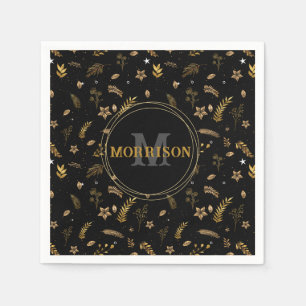 Serviette En Papier Arche d'or de Noël élégant monogramme moderne noir