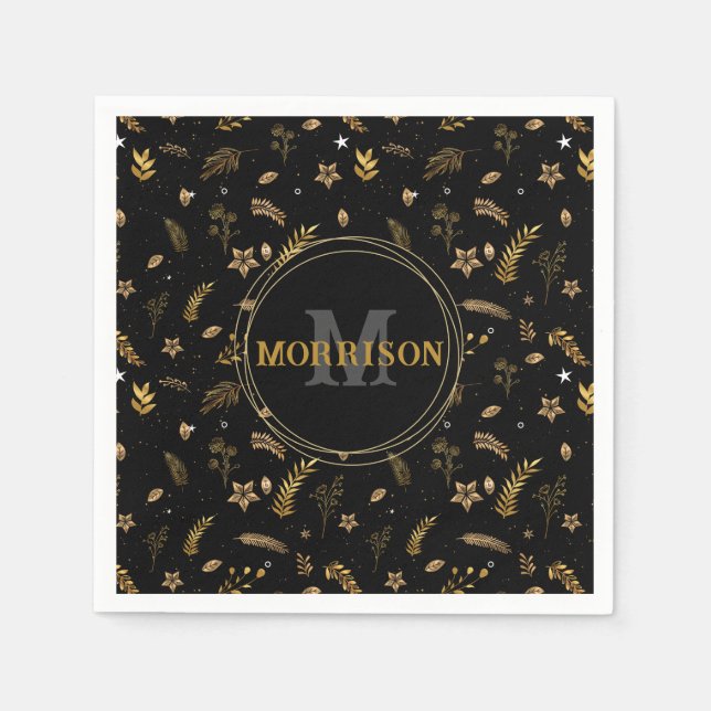 Serviette En Papier Arche d'or de Noël élégant monogramme moderne noir (Devant)