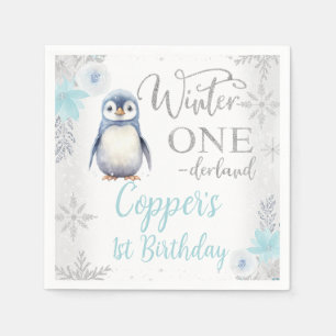 Serviette En Papier Argent Bleu Pingouin Hiver Onederland Anniversaire