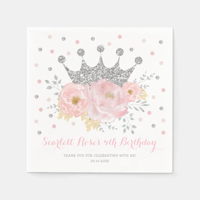 Serviette En Papier Argent Couronne Blush rose Floral Princess Anniver (Devant)