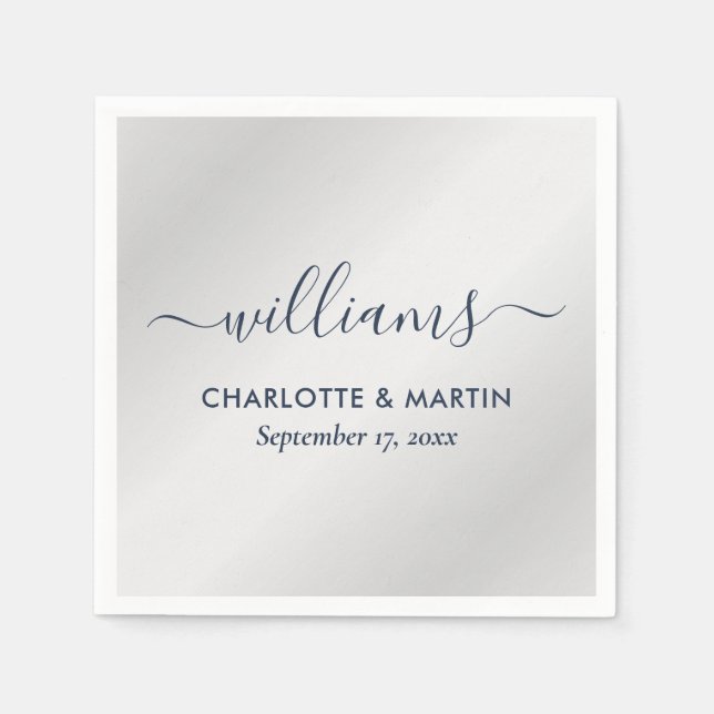 Serviette En Papier Argent et Mariage bleu marine (Devant)