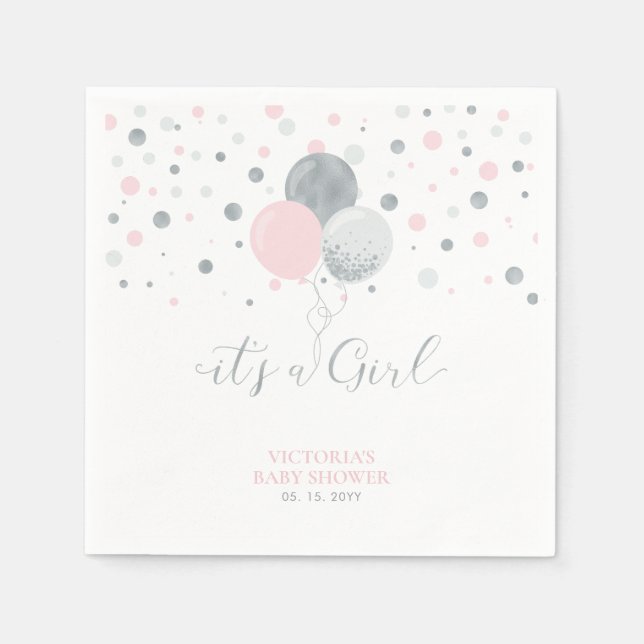 Serviette En Papier Argent et rose C'est une serviette Baby shower fil (Devant)