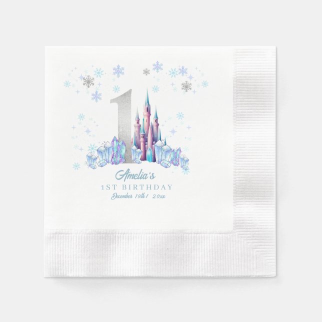 Serviette En Papier Argent Sparkle Royaume gelé Château 1er Anniversai (Devant)