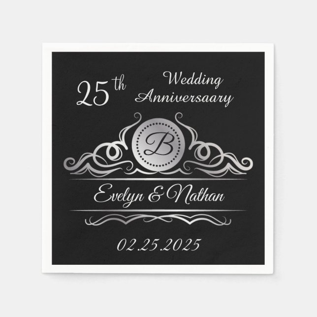 Serviette En Papier Argent tournoie sur noir 25ème anniversaire Mariag (Devant)