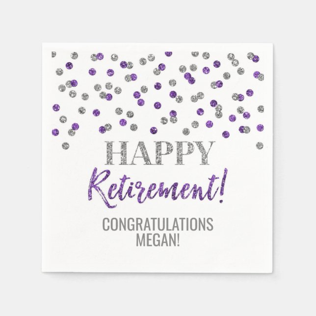 Serviette En Papier Argent Violet Confetti Bonne retraite (Devant)