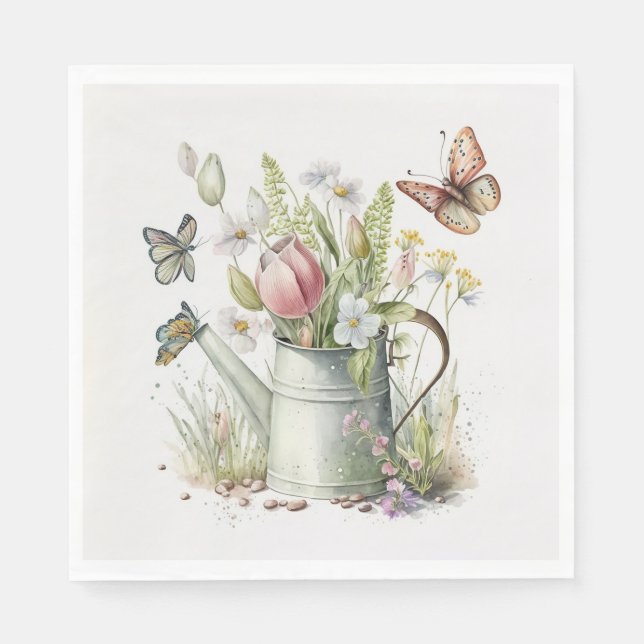 Serviette En Papier Arrosage avec tulipes et papillons (Devant)