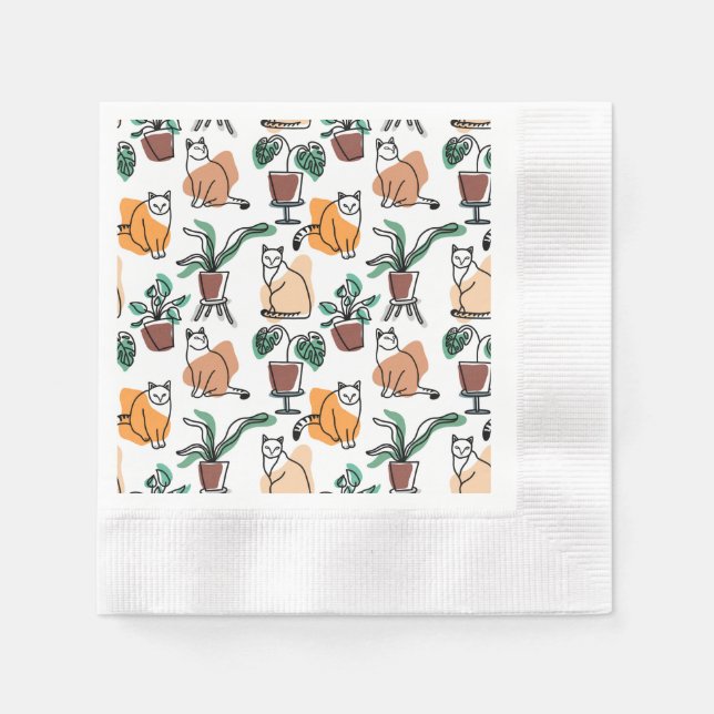 Serviette En Papier Art de trait dessin chats et fleurs (Devant)