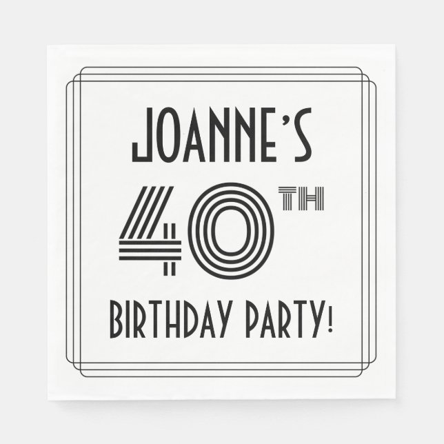 Serviette En Papier Art Déco Inspiré 40ème Anniversaire Fête, Nom pers (Devant)