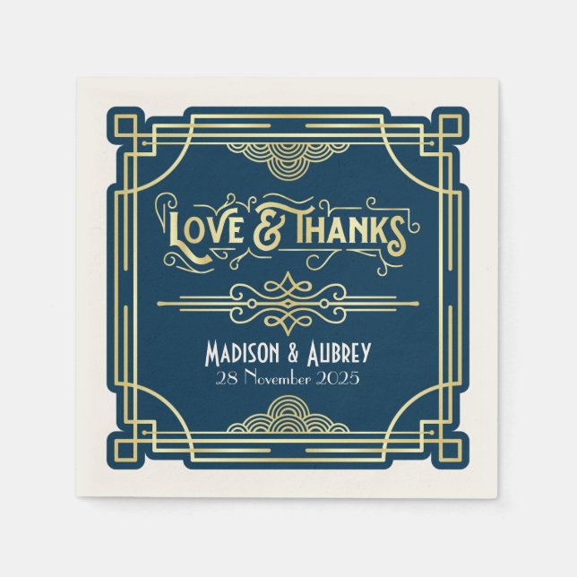 Serviette En Papier Art Déco Mariage Elegant Gold Blue Gatsby (Devant)