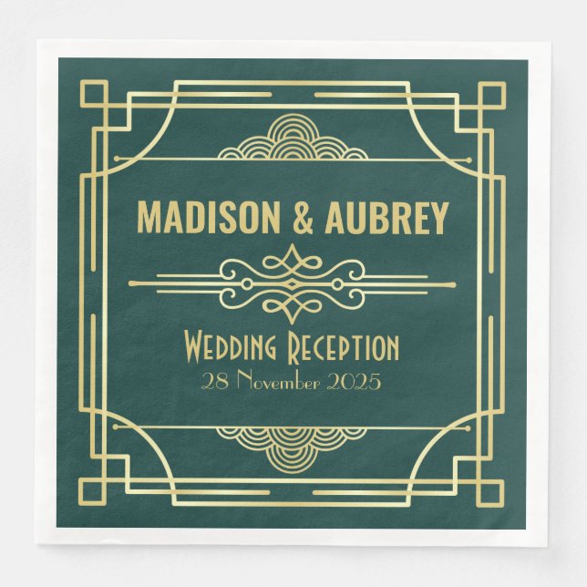 Serviette En Papier Art Déco Mariage Réception Bar Gold Green (Devant)