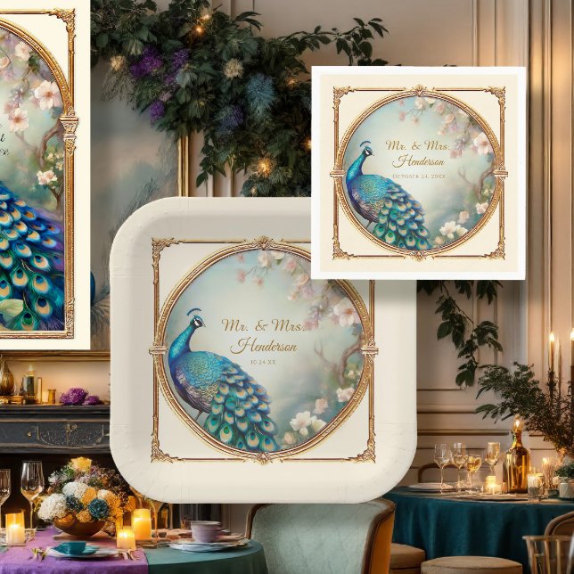Serviette En Papier Art Déco Peacock Elegant Mariage Flower Tree (Créateur téléchargé)