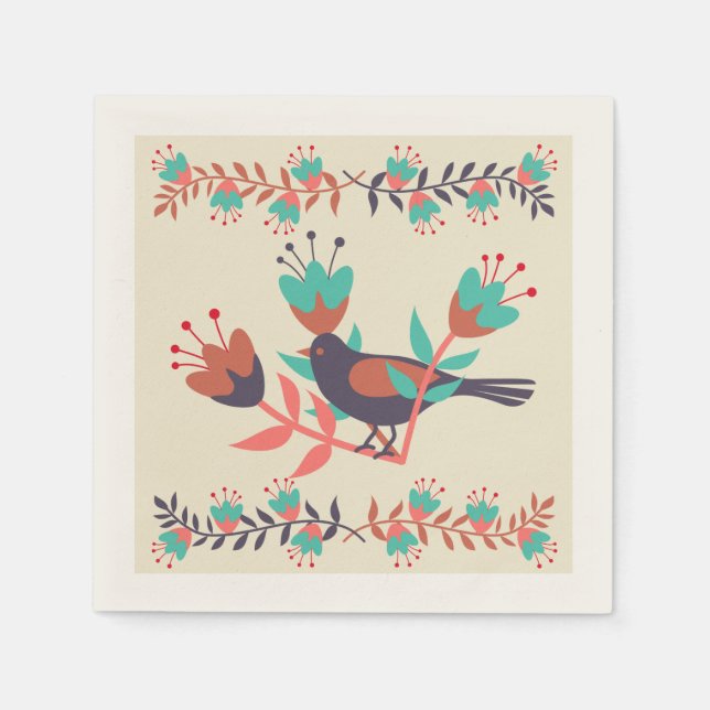 Serviette En Papier Art folklorique d'oiseaux et de fleurs (Devant)