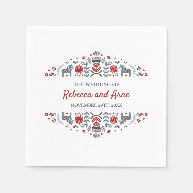 Serviette En Papier Art populaire scandinave | Mariage personnalisé (Devant)