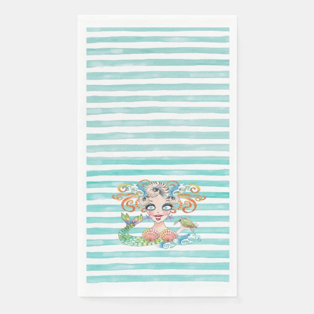 Serviette En Papier Artsy Mermaid on Blue Stripes (Devant)