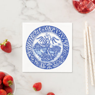 Serviette En Papier Asiatique Blue blanc écureuil Oiseau renard Willow
