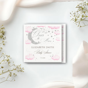 Serviette En Papier Au-dessus de la lune Baby shower fille rose argent